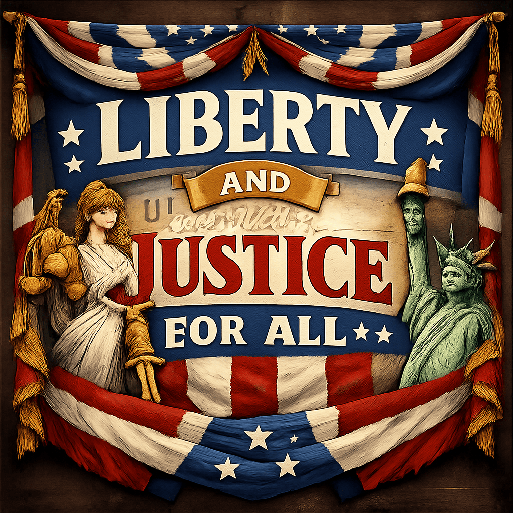 Patriotic banner with 'Liberty and Justice For All' text, Lady Justice and Statue of Liberty